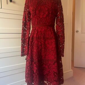 Lela Rose Red Floral Lace Long Sleeve Dress